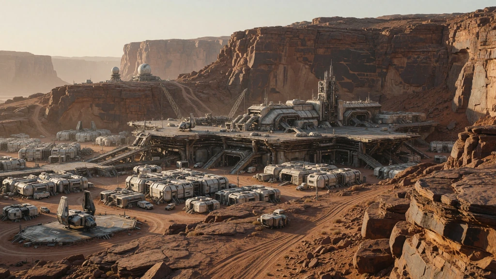 Kolonia przemysłowa z lądowiskami i zabudową w skalistym kanionie — wizualizacja science fiction