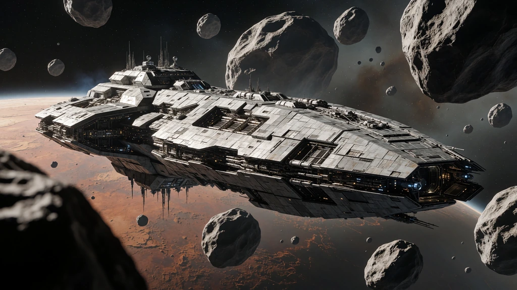 Statek badawczy w pasie skalistych asteroid nad rdzawoczerwonym księżycem — wizualizacja science fiction