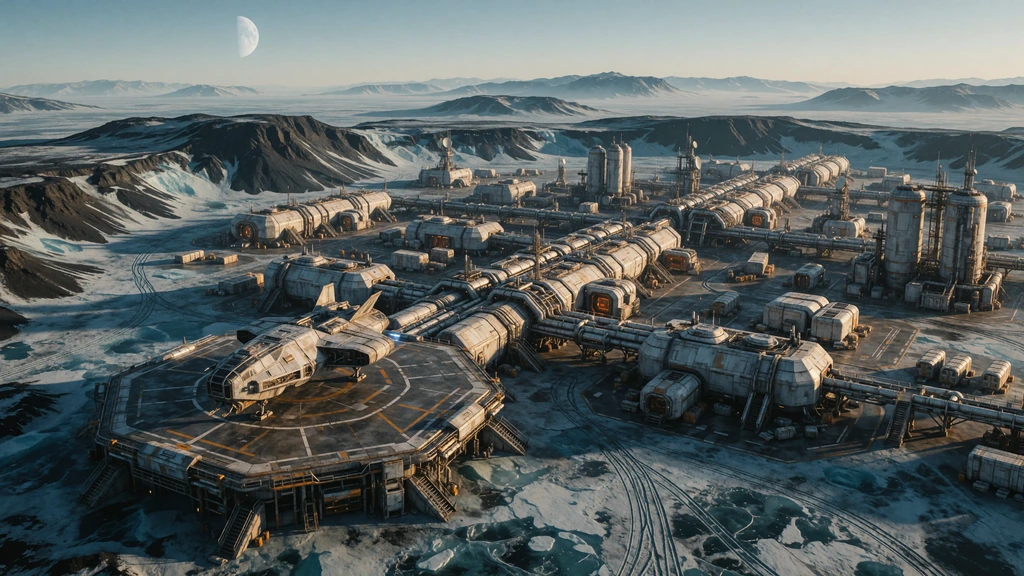 Baza ekspedycyjna na lodowej planecie, z lądowiskiem, statkiem i modułowymi habitatami — wizualizacja science fiction